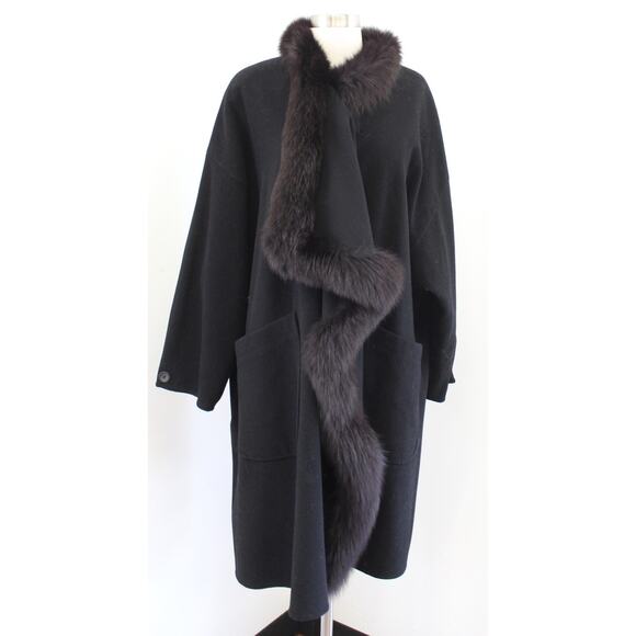 Vtg Madeleine Black Wool Arctic Fox Fur Ruffle Front Long Coat Jacket Size S 36 - Picture 1 of 9